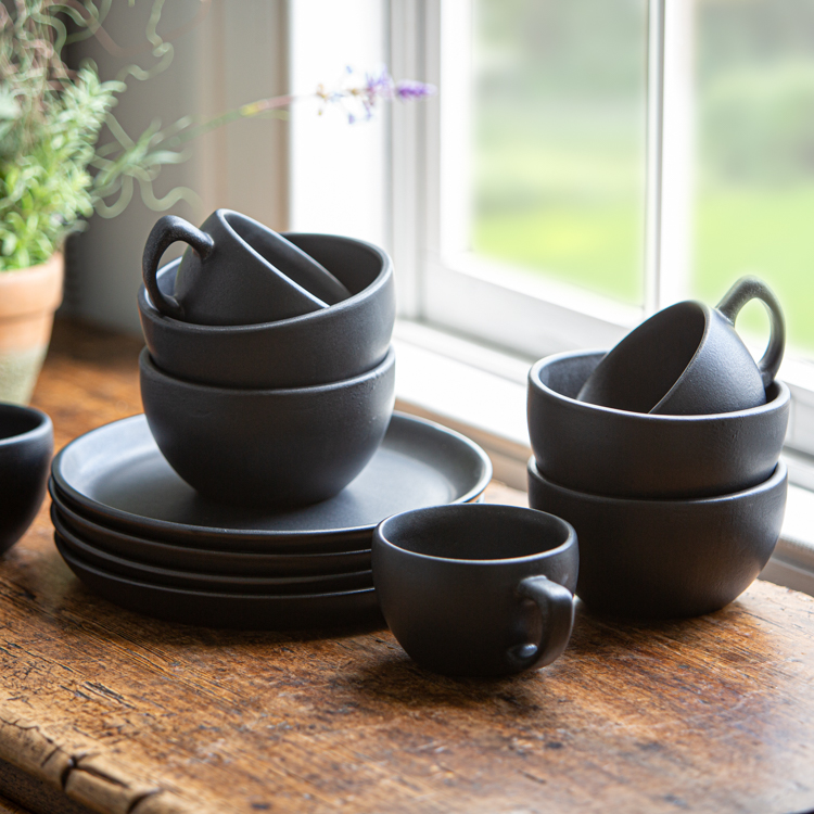 12-Piece Matte Stoneware Dinnerware Set, Black, Ceramic Sold by at Home